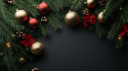 A festive arrangement of Christmas ornaments and pine branches, creating a seasonal atmosphere.
