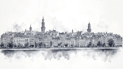 Fototapeta premium Lige, Belgium, black and white pen pencil hand-drawn effect drawing illustration for travel poster, card, wallpaper, backdrop or banner. Modern, clear, artistic and simple