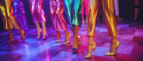 1970s disco fashion with metallic jumpsuits and platform shoes at a vibrant dance floor