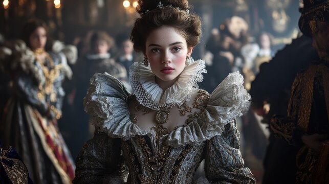 Elizabethan fashion with ruffled collars and elaborate gowns in a royal court setting
