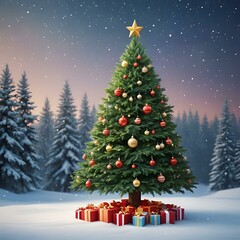 Beautiful Christmas tree decorated with ornaments and gifts, creating a festive winter wonderland scene