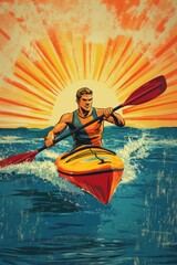 Vintage poster design vector illustration of a man kayaking in water