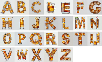 Naklejka premium English alphabet written with cocktails, coctail alphabet 