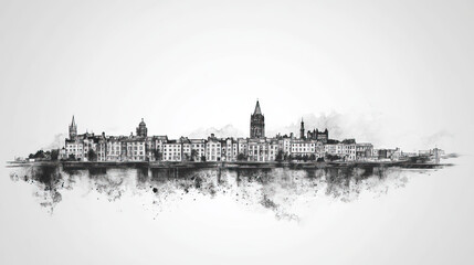 Fototapeta premium Limerick, Ireland, black and white pen pencil hand-drawn effect drawing illustration for travel poster, card, wallpaper, backdrop or banner. Modern, clear, artistic and simple