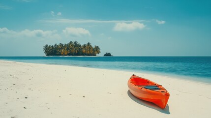 Kayak boat in tropical beach with island in sea