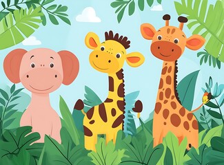 Naklejka premium Cute Cartoon Giraffes and Elephant in the Jungle