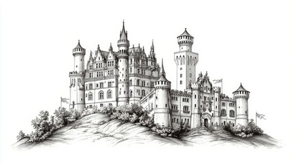 Obraz premium An old engraving-style illustration of a grand castle perched atop a hill, complete with turrets and banners