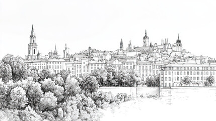 Fototapeta premium Limoges, France, black and white pen pencil hand-drawn effect drawing illustration for travel poster, card, wallpaper, backdrop or banner. Modern, clear, artistic and simple
