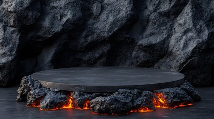 A volcanic lava platform surrounded by dark, rocky terrain, featuring glowing lava underneath a flat, circular surface.