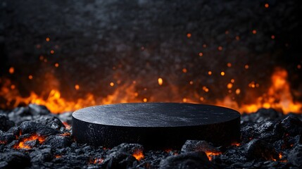 A dark, circular platform surrounded by red-hot lava and glowing embers, set against a dramatic volcanic background.