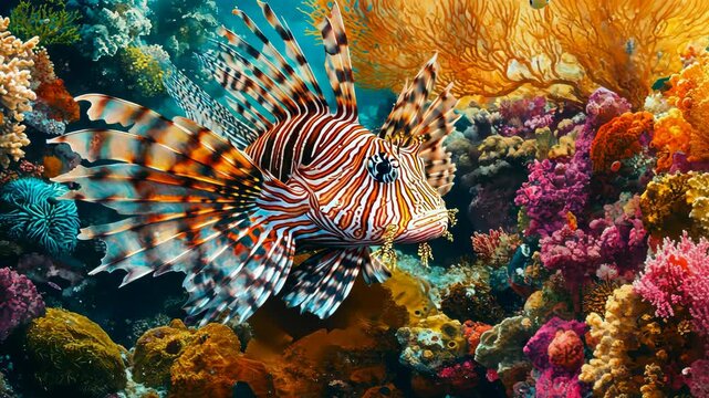 Colorful lionfish swimming through vibrant coral reef at sunset in tropical waters