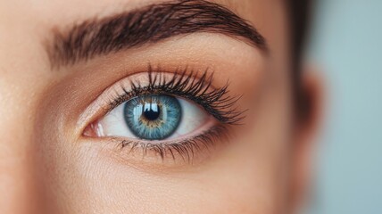 Fototapeta premium Close-up of a beautiful blue eye with long lashes, showcasing intricate details and a captivating gaze against a soft background.
