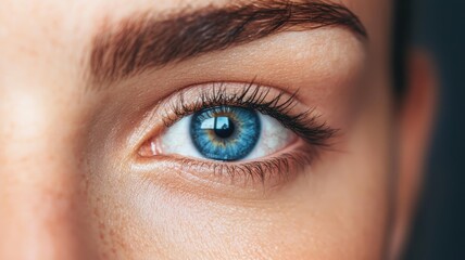 Close-up of a bright blue eye highlighting detailed iris and eyelashes, showcasing beauty and emotion.