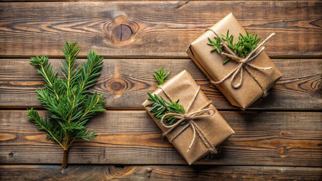 Brown paper packages tied with string and green garland on a rustic wood background