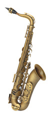 A detailed close-up of a vintage brass saxophone, showcasing its intricate design and craftsmanship against a white background.