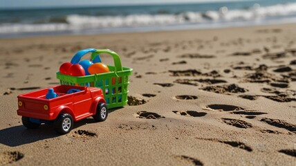 Naklejka premium car toy beach plastic, clean sand, good atmosphere, relaxing, traveling on holidays, weekends.