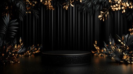 A dark, elegant display featuring a circular pedestal adorned with golden foliage, set against a textured black background.