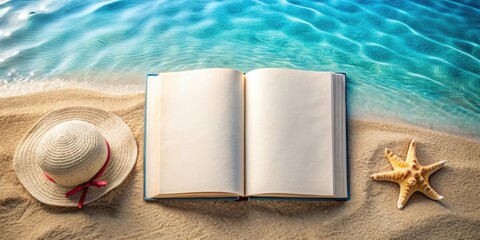 Flat lay of a summer vacation holiday book with blank mock up pages, perfect for reading by the beach or pool