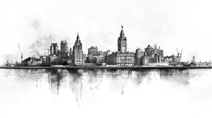 Fototapeta premium Liverpool, United Kingdom, black and white pen pencil hand-drawn effect drawing illustration for travel poster, card, wallpaper, backdrop or banner. Modern, clear, artistic and simple