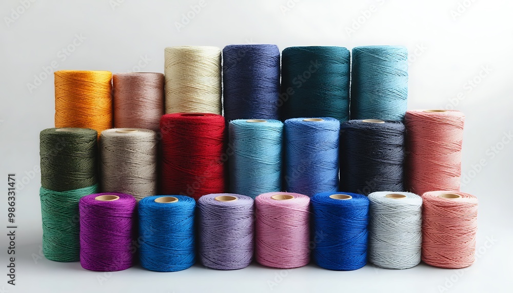 Poster colorful spools of thread arranged in a row