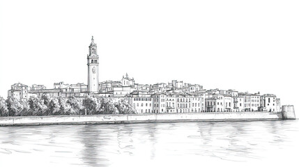 Fototapeta premium Livorno, Italy, black and white pen pencil hand-drawn effect drawing illustration for travel poster, card, wallpaper, backdrop or banner. Modern, clear, artistic and simple