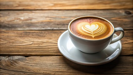 Cozy cafe latte with heart foam on elegant wood table in soft natural light