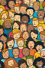 Vertical design of cartoon illustration of group of young people of different ethnicity.