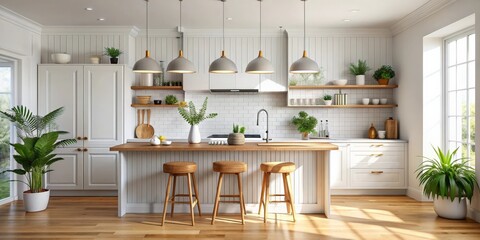 Bright scandinavian kitchen interior with a stylish bar counter