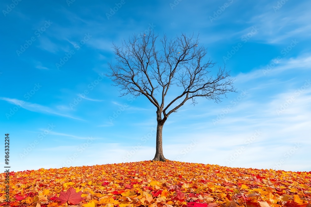 Aufkleber a single barren tree in the middle of a vibrant fall landscape, with bright leaves scattered on the 