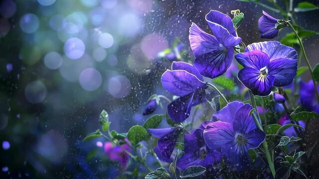 Beautiful purple violets blooming in a garden during springtime with bokeh background effects