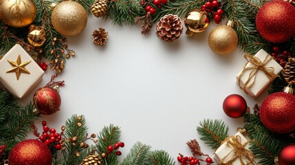Festive holiday decorations featuring red ornaments and greenery arranged on a white background