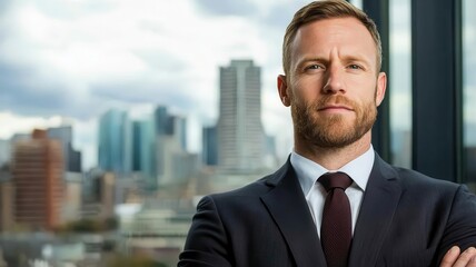 Fototapeta premium Businessperson standing proudly in a highrise office, cityscape behind, confidently looking into camera executive power, business success