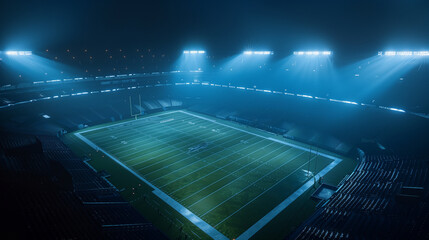 Bright stadium lights illuminate the field, casting a glow over the clean grass and empty bleachers. It's a quiet night, perfect for a thrilling sports event © alesia0604