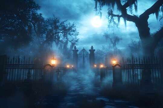 Eerie Halloween Masquerade Ball in Historic New Orleans Graveyard with Partygoers in Venetian Masks