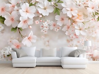 Modern living  room sofa interior with floral wall painting.