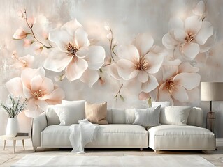 Modern living  room sofa interior with floral wall painting.