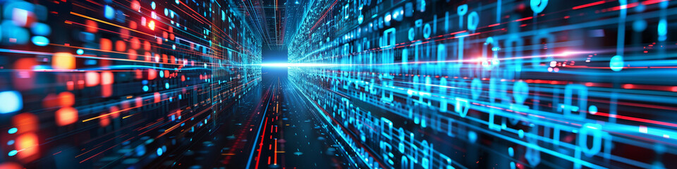 Fototapeta premium Abstract digital security barrier with vibrant data streams and lights, emphasizing themes of technology and cybersecurity in a virtual space
