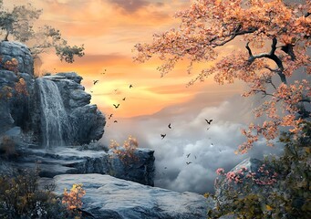 Fototapeta premium Stunning Watercolor Landscape Painting With Waterfall And Misty Mountains