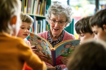 old caucasian woman reading storybook to children at library with kids gathered around, senior activities