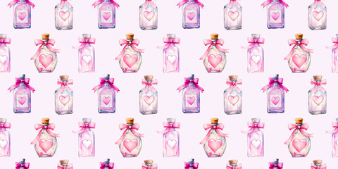 seamless pattern of cute bottles with luv zill. Magical, lovely splash of watercolor. Background for Valentine's Day and other events.