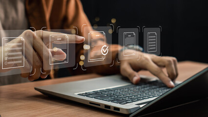  Businessman Using Tablet and Laptop to Work on Digital Electronic Document. Smart Document Audit Checklist, Standardization, Certification Management, Document Approval, Digital form.