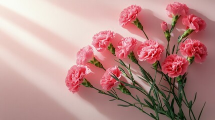 Fototapeta premium A bouquet of pink carnations against a soft pink background with beautiful shadow patterns