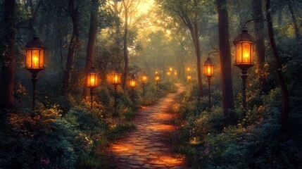Obraz premium Enchanted forest pathway illuminated by warm lantern light during twilight hours