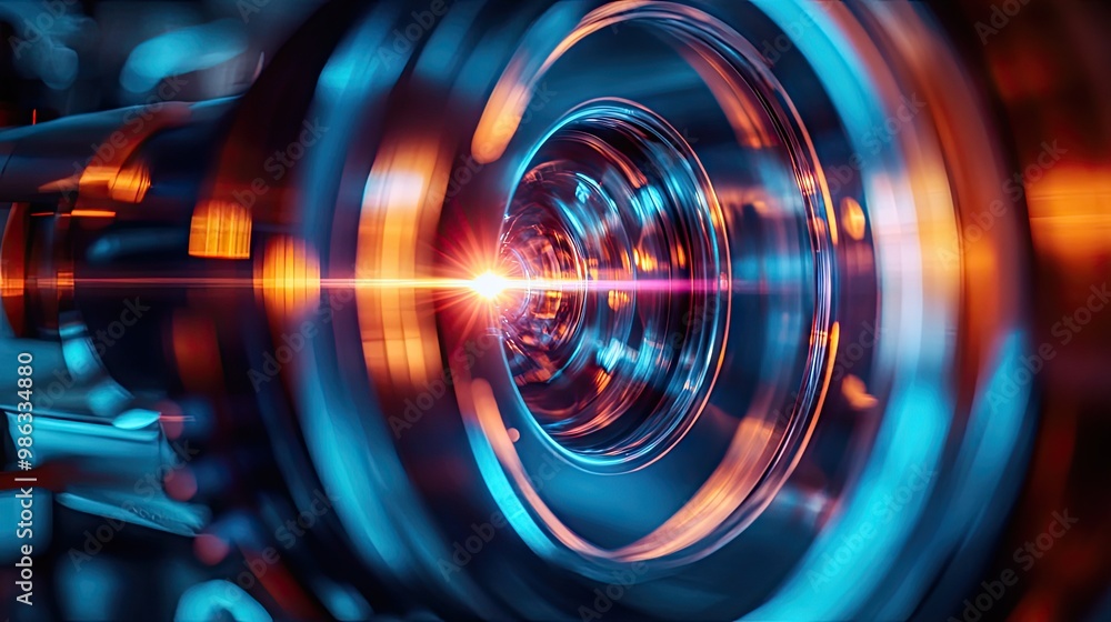 Poster a laser beam passing through a lens in a lab, illustrating experiments in optics and photonics in ph