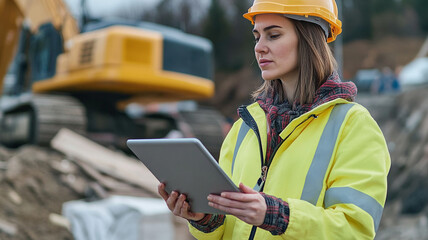 Construction site worker using a tablet for project planning during the day in a busy area
