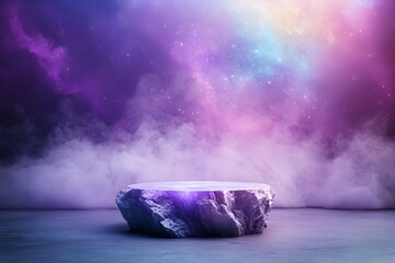 Amethyst Crystal Podium with Holographic Energy Sigils and Cosmic Nebula Background for Visionary Wellness Technology Promotion