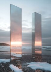 Two Glass Panels Reflecting Sunset Over The Ocean