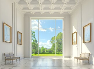 Fototapeta premium White Room With Large Window and Garden View