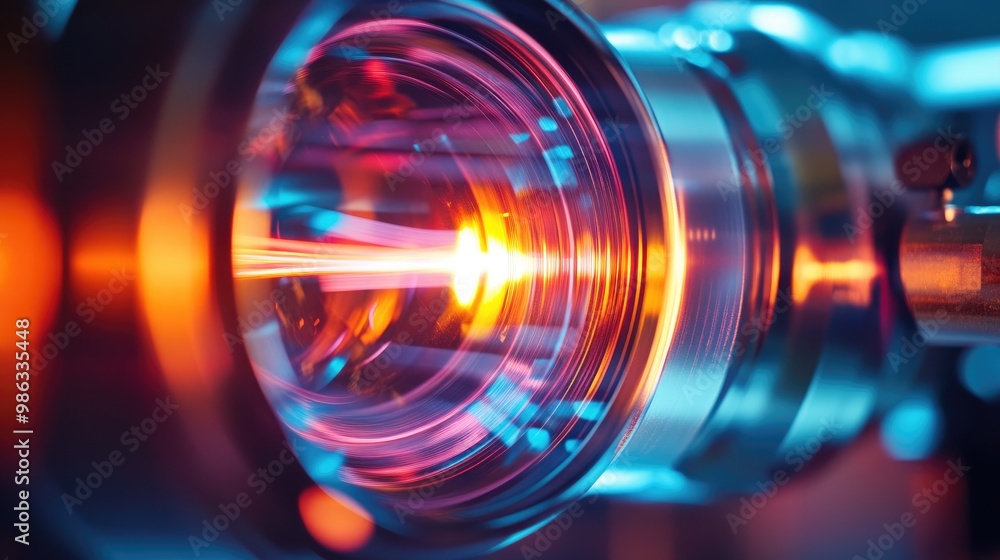 Poster a laser beam passing through a lens in a lab, illustrating experiments in optics and photonics in ph