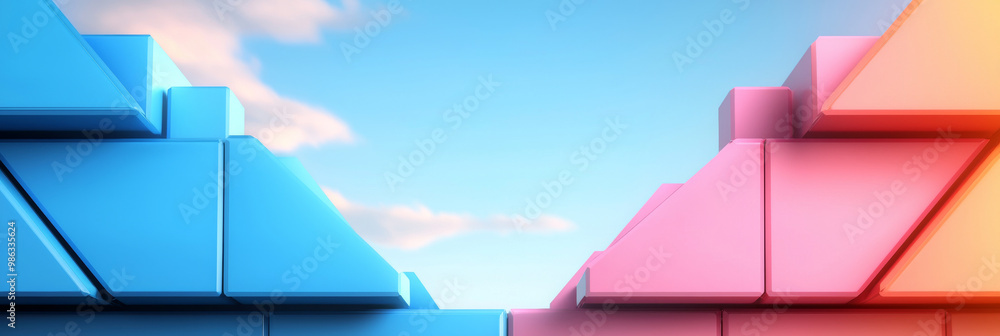 Wall mural Abstract blue and pink geometric shapes against a blue sky with white clouds.